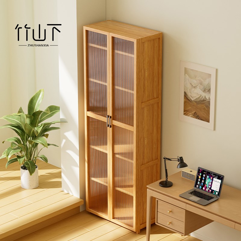 书架落地置物架家k用实木书柜带门防尘透明玻璃门一体靠墙储物立