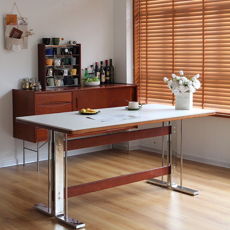 号角屋 伯尔尼岩板餐桌实木复古桌子家用小U户型长方形饭桌