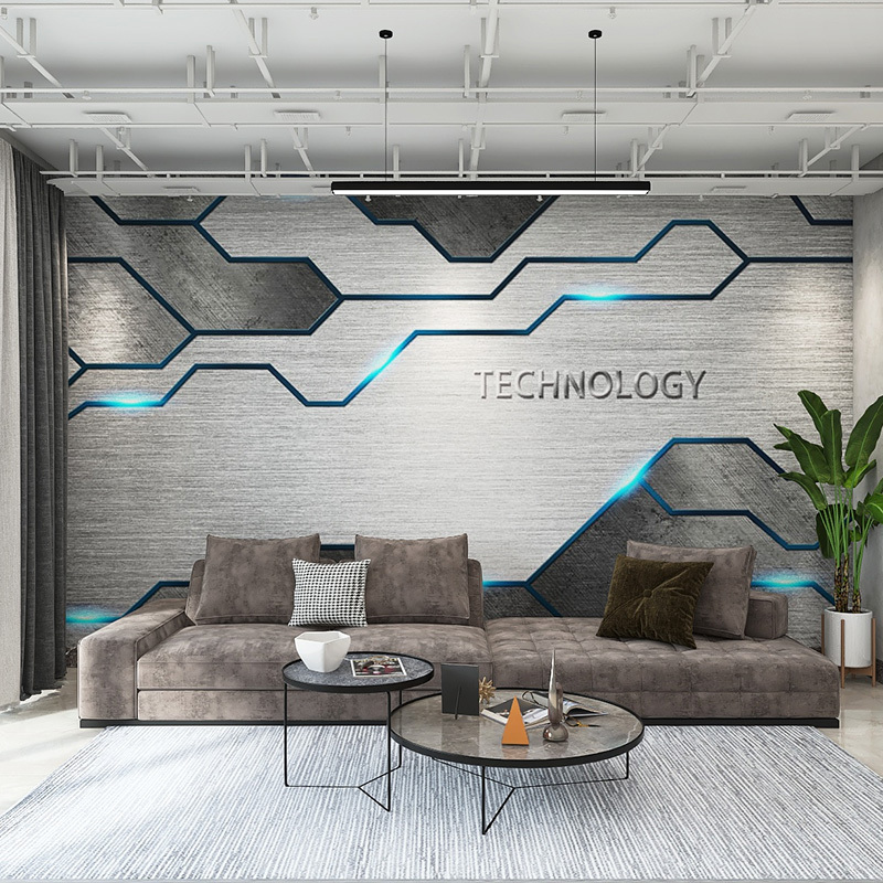 3d金属科技感工业风办公室壁纸公司前台背景墙纸健身房Z电竞馆壁
