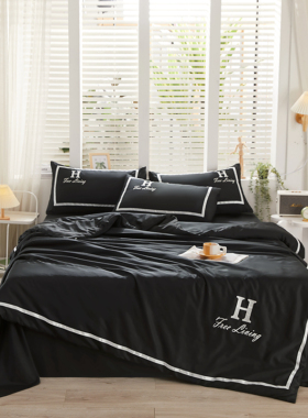 夏季潮牌男生黑色裸睡冰丝个性水洗真丝刺绣床单被套床上三四件套