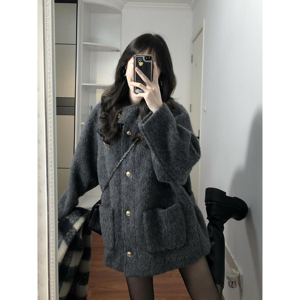 灰色连帽毛呢外套女小个子2024秋冬季新款高级感加厚羊绒呢子大衣