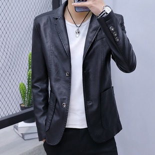 皮夹克西装 单排扣皮衣男PU机车男修身 领皮外套潮 韩版 2020春秋新款