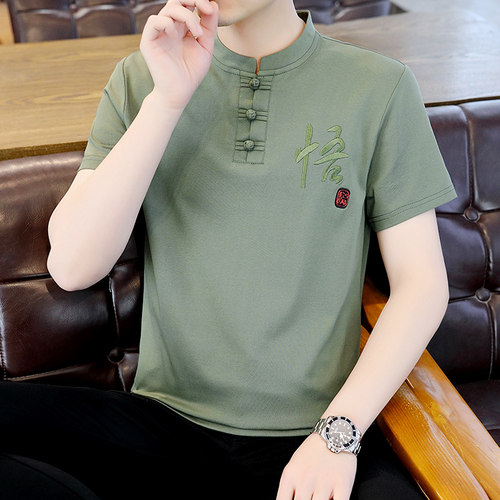 夏季新中式短袖t恤男中国风立领盘扣棉麻体恤衫剌绣汉服青年上衣