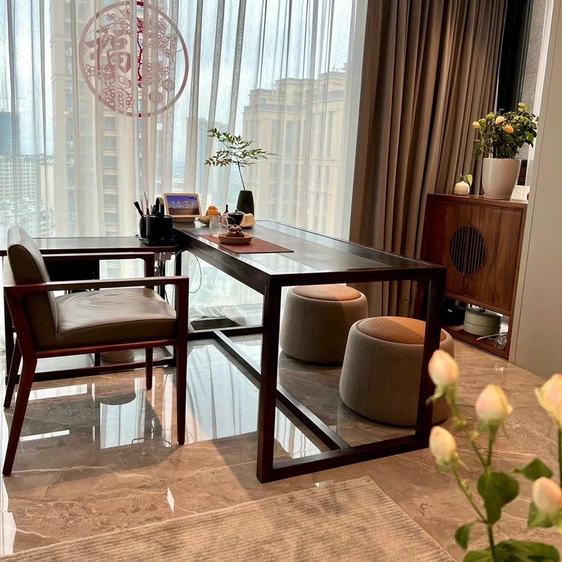 新中式阳台茶桌小型家用2024新款高端乌金石实木茶台胡桃木小茶桌