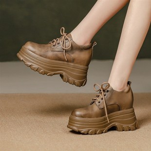 10cm真皮内增高厚底松糕鞋粗跟超高跟圆头百搭女单鞋小个子增高鞋