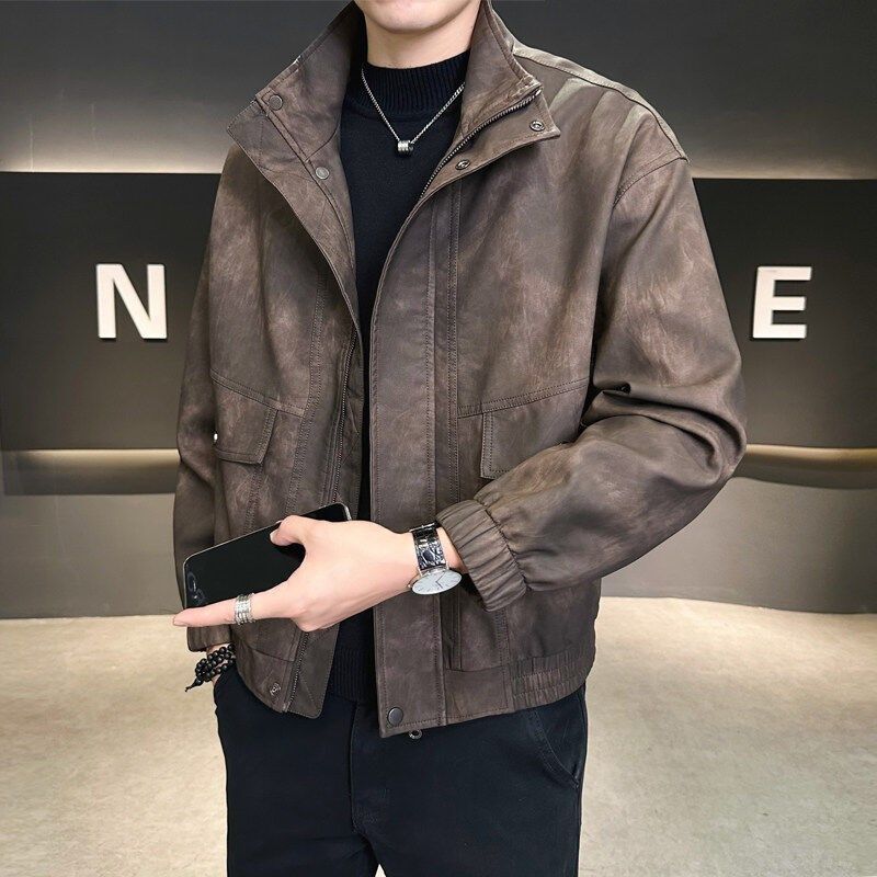 皮衣外套男2025春季新款立领潮流百搭休闲扎染高级感水洗皮夹克男