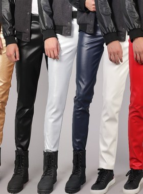 中青年皮裤男士弹力修身时尚防湿白色舞蹈表演酒吧网红理发廊皮裤