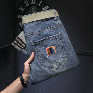 男2024年春夏季 长裤 潮流刺绣弹力休闲裤 男士 小直筒修身 浅色牛仔裤