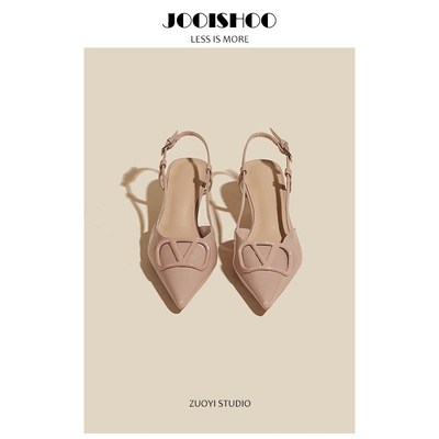 佐一不服裸色尖头气质细跟高跟鞋斩男夏季女包头后空凉鞋2023新款