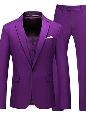 深紫色男士西服三件套微胖男装新郎结婚西装裤子套装修身上衣西裤