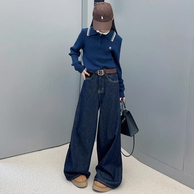 女童长袖针织衫毛衣2025秋冬新款韩版时髦一体绒阔腿牛仔裤两件套