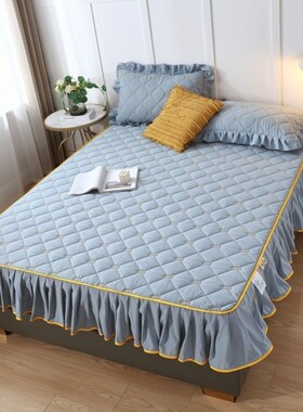 带裙边的床罩床笠床围裙罩带花边大豆夹棉全包围床垫保护罩套蓝色