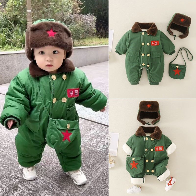 婴儿军大衣连体衣服秋冬款夹棉棉袄1周岁男宝宝秋装外出抱衣春秋0
