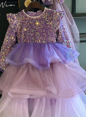 高端女童公主裙秋冬2024新款儿童女宝洋气亮片生日礼服蓬蓬蛋糕裙