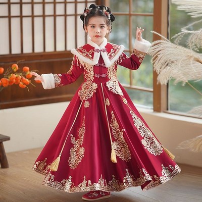 女童红色加绒汉服套装冬装拜年服儿童小女孩公主古装中国风唐装裙