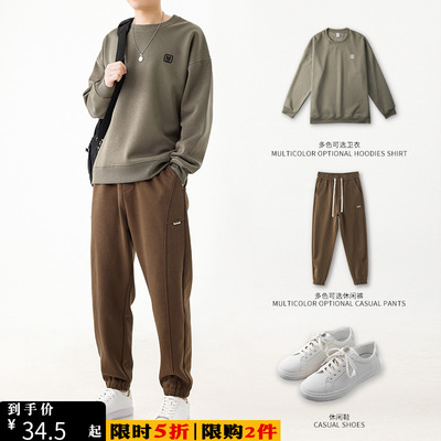 加绒卫衣男士秋冬季圆领宽松重磅美式硬挺男生上衣套头打底衫男款