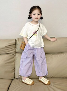 韩国童装2025夏季新款白色卡通蛋糕短袖T恤女童紫色休闲工装裤