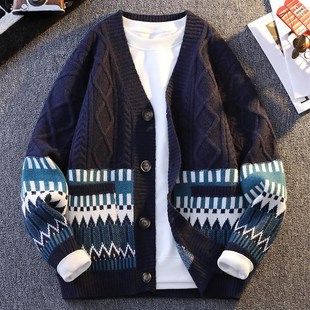 男潮流宽松麻花慵懒风线衣外套情侣款 针织开衫 V领毛衣 新款 秋冬季