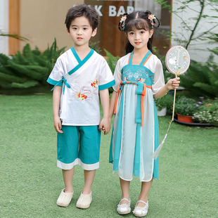 复古女孩套裙六一演出服中国风班服 唐装 幼儿园汉服夏装 男女童短袖