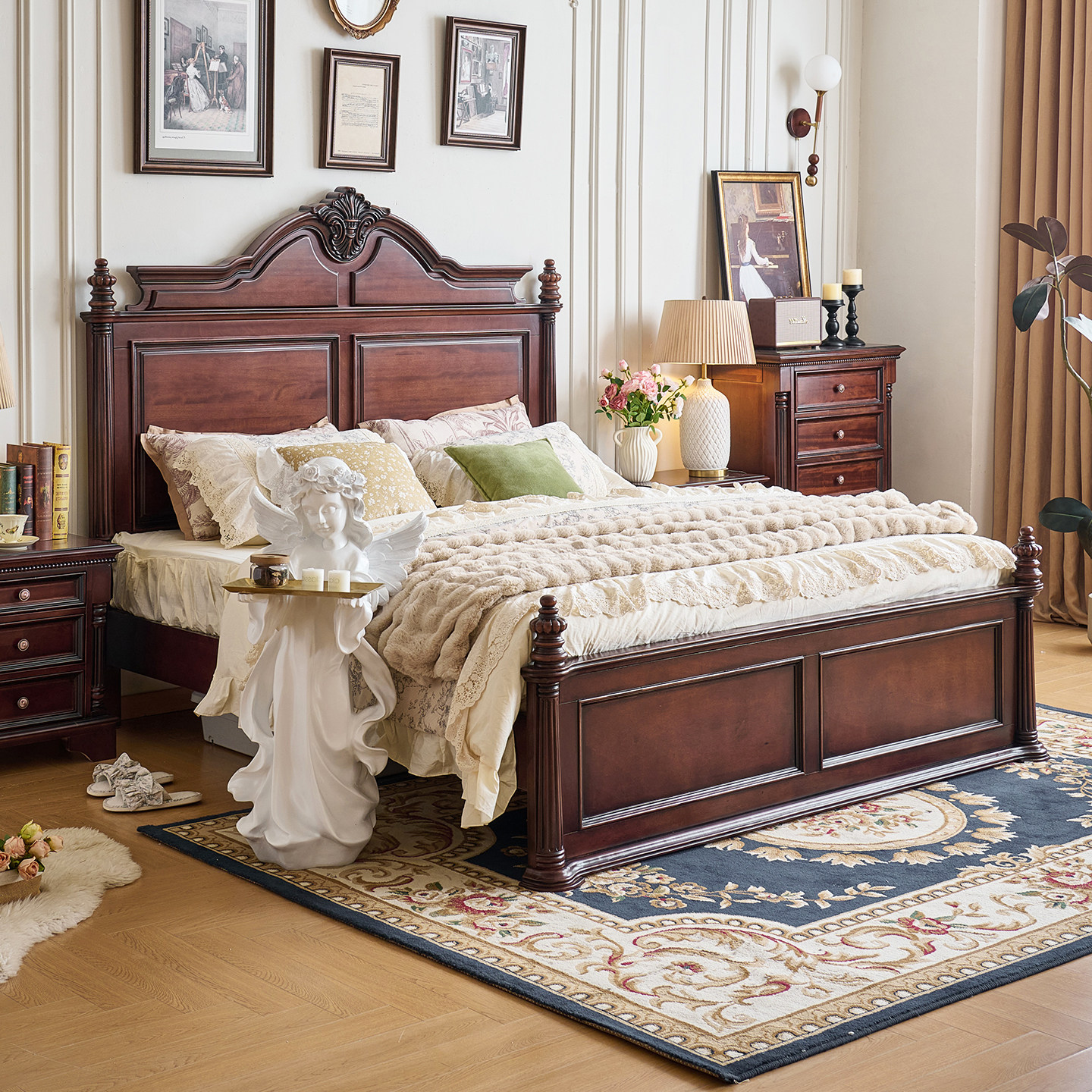 美式胡桃木中古风全实木床1.8米主卧双人床复古乡村经典大板床