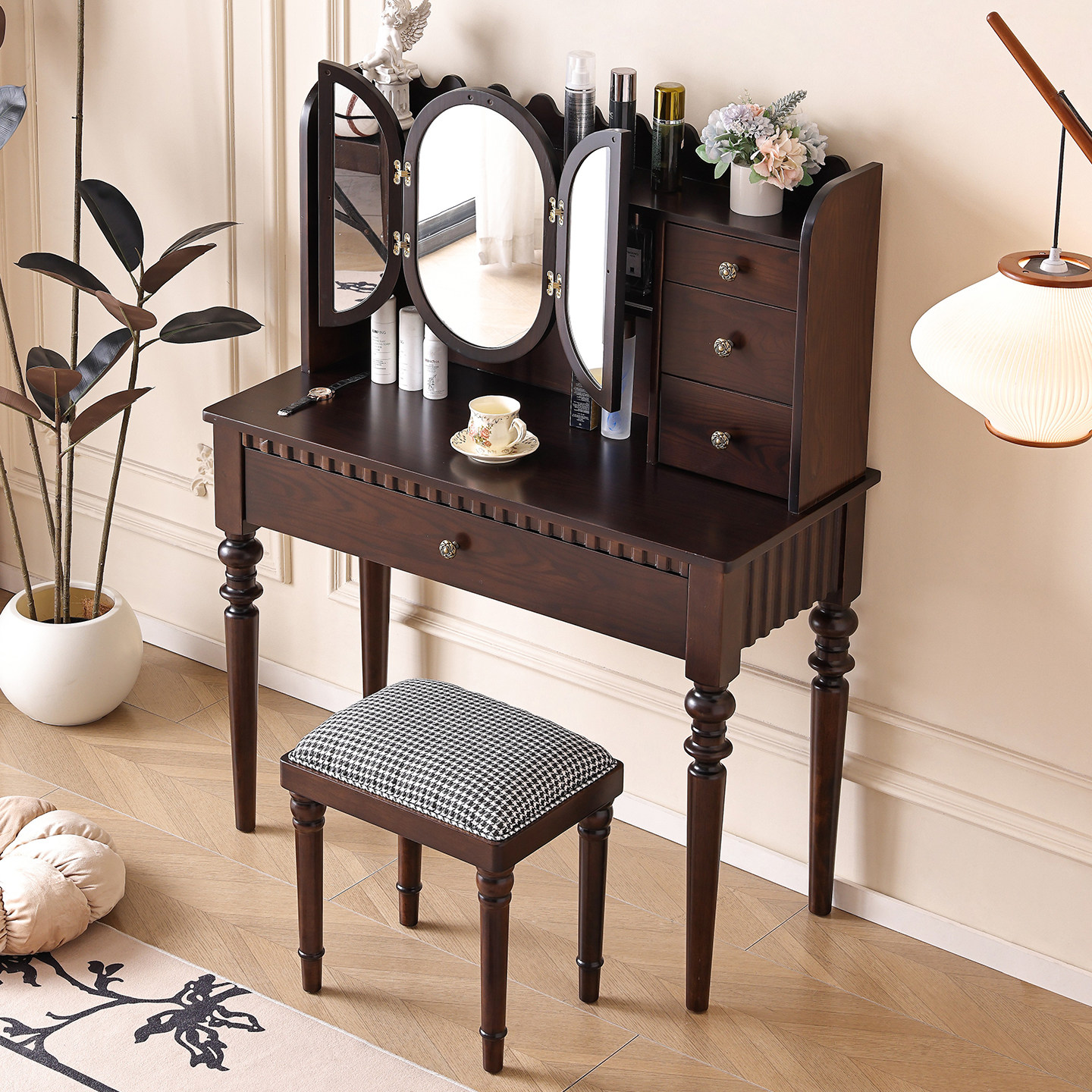 美式复古风实木梳妆台卧室带镜小户型收纳柜法式中古胡桃色化妆桌