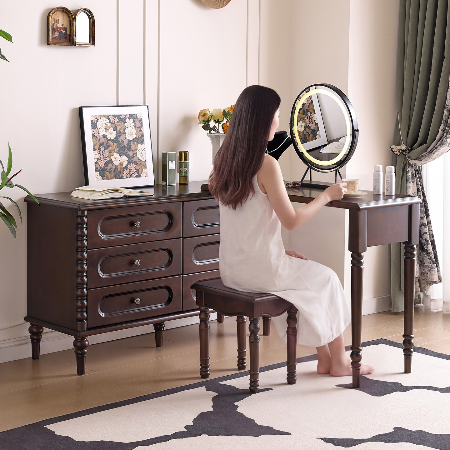 美式复古风实木梳妆台斗柜一体可旋转化妆桌胡桃色伸缩梳妆柜子