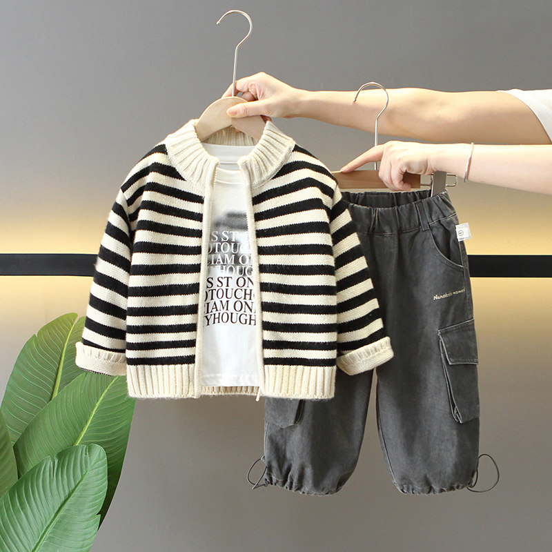 男童秋装套装2024新款酷帅儿童条纹毛衣外套宝宝男孩春秋季三件套,童装/婴儿装/亲子装,套装,淘宝优惠券,粉丝福利购,淘宝优惠卷