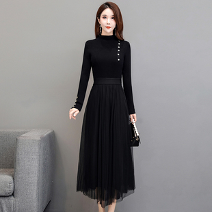 黑色毛衣针织连衣裙长款过膝网纱裙子高领加厚内搭打底长裙女秋冬
