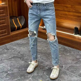百搭休闲浅蓝色九分裤 小脚2024夏季 子 男修身 高端复古大破洞牛仔裤