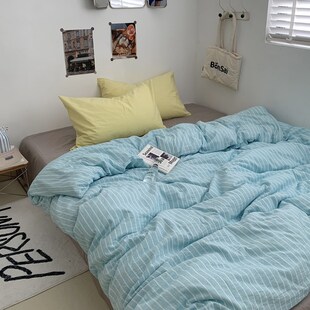 撞色拼色黄色枕套灰色床单蓝色条纹水洗棉纯棉四件套全棉被套被罩