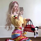 秋季 毛衣撞色半身长裙两件套 多巴胺少女感彩色穿搭一字肩软糯短款