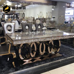 欧式轻奢长方形不锈钢餐厅家用大理石餐桌豪华饭桌大户型餐桌椅子