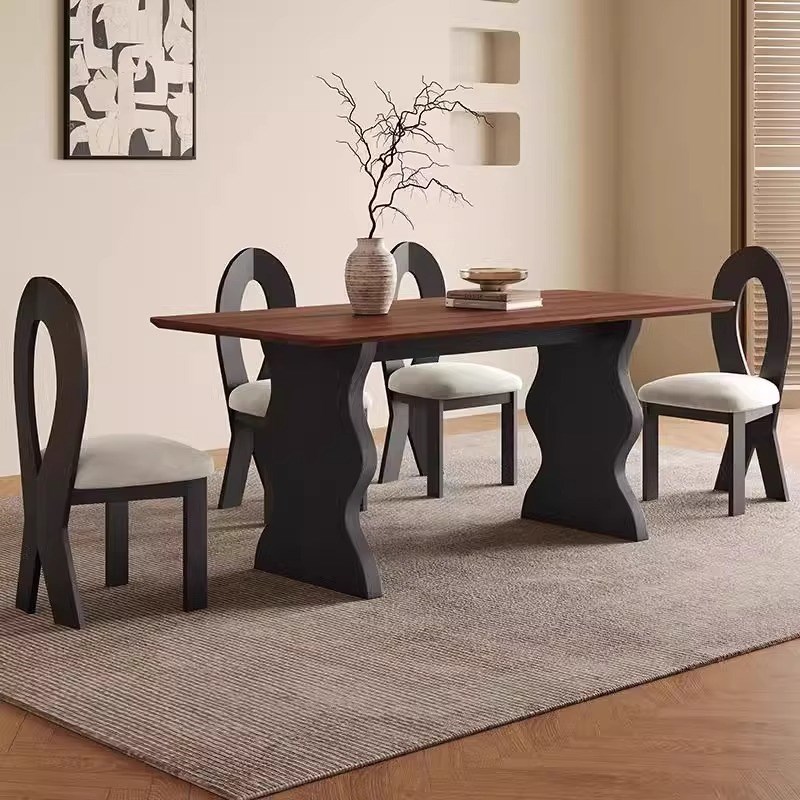 复古实木餐桌家用小n户型长方形黑现代简约中古风胡桃色餐桌椅组