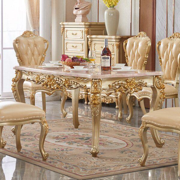 欧式大理石餐桌椅组合全实木香槟色雕花6-8人轻奢长方形家用饭桌