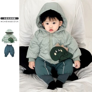 婴儿卡通恐龙轻薄保暖外套女宝宝加厚百搭棉裤 男童冬季 羽绒服套装