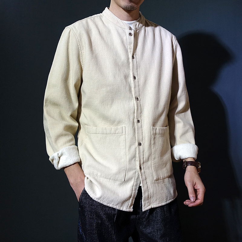 秋冬中国风加绒加厚立领长袖衬衫保暖棉麻男版中山装苧麻中式衬衫,男装,衬衫,淘宝优惠券,粉丝福利购,淘宝优惠卷