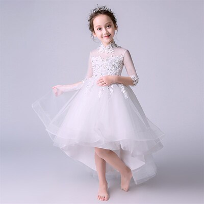 儿童晚礼服中袖蓬蓬纱小花童礼服女童公主裙主持人钢琴演出服秋冬