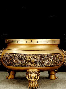 纯黄铜双龙香炉摆件二龙戏珠三足鼎炉大号家居室内祠堂供奉圆底炉