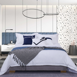 后现代简约蓝色系样板间床品 高端展厅家居卖场肌理样板房床品