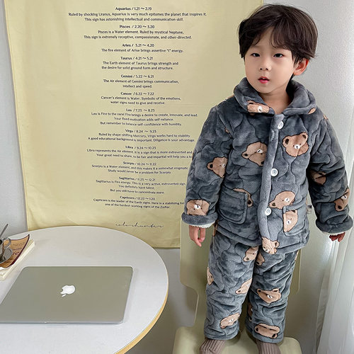 儿童睡衣套装男童冬季加绒加厚法兰绒三层夹棉宝宝男孩卡通家居服