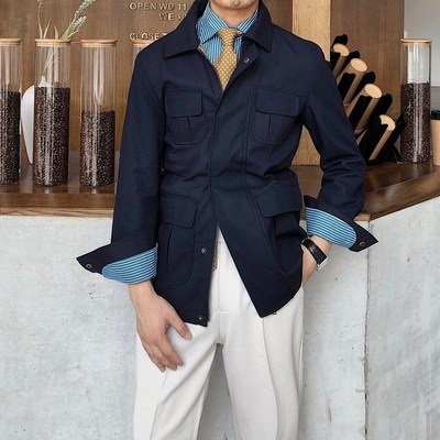 2024秋冬英伦自制束腰修补程式中长版翻领猎装男韩版修身口袋工装