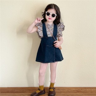 韩版 童装 网红炸街潮酷外搭女童吊带连衣裙 夏季 儿童牛仔裙2024新款
