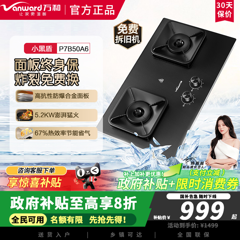 万和小黑盾P7B50A6无痕合金防爆面板天然气燃气灶5.2kW家用双炉具