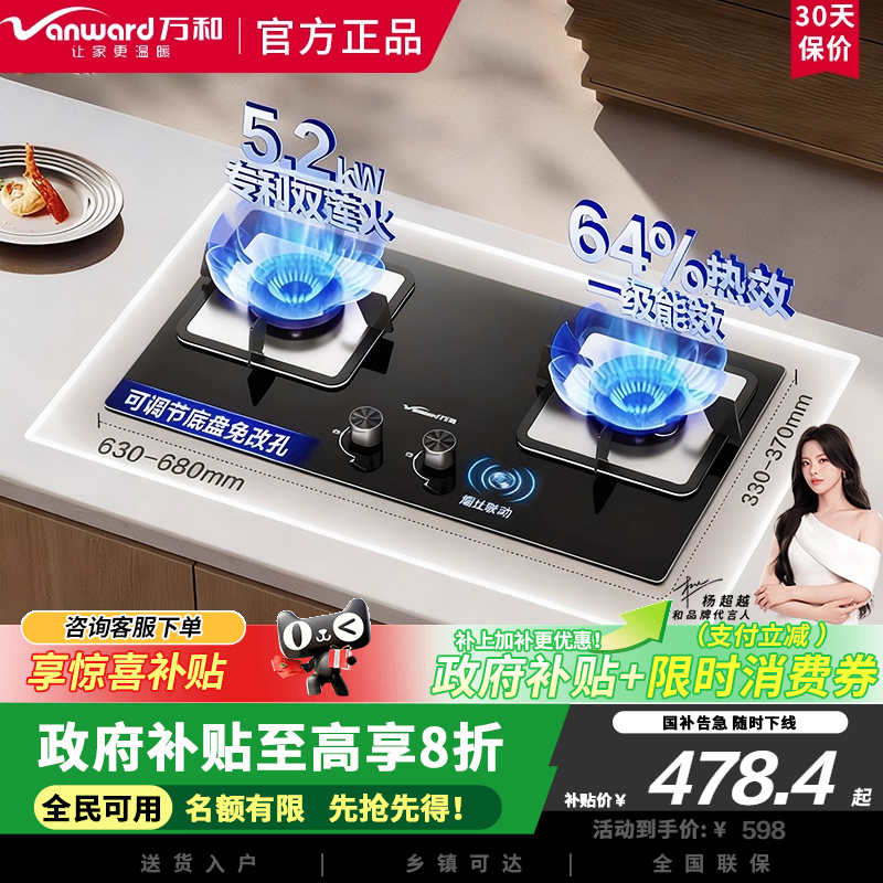 万和B9L50燃气灶5.2KW蓝莲花猛火钢化玻璃嵌入式双灶天然气家用