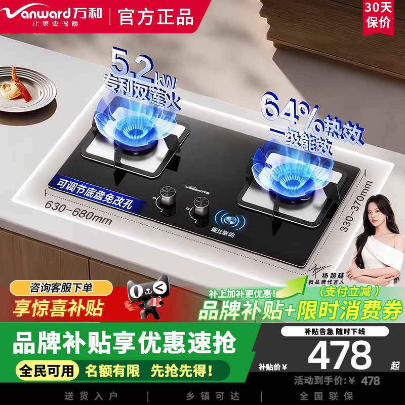 万和B9L50燃气灶5.2KW蓝莲花猛火钢化玻璃嵌入式双灶天然气家用