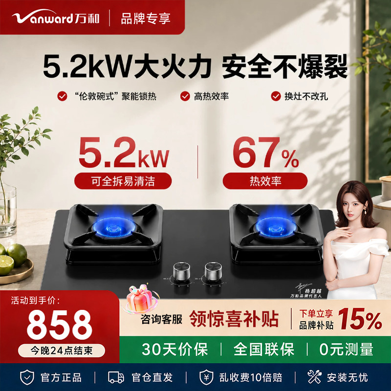 万和小黑盾P7B50A6无痕合金防爆面板天然气燃气灶5.2kW家用双炉具