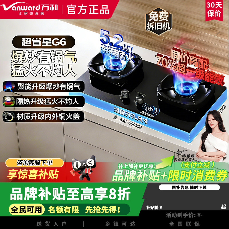 万和G6L50天然气燃气灶5.2kW猛火70%热效率嵌入式家用煤气双炉具