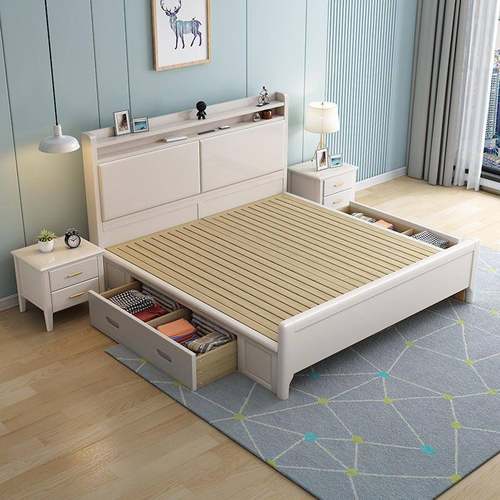 北欧实木床白色现代简约轻奢带灯1.8米双人床主卧高箱储物抽屉床