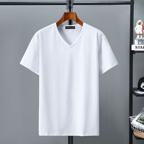 新款大码V领纯棉短袖t恤男加肥加大纯色夏季宽松白色打底衫300斤