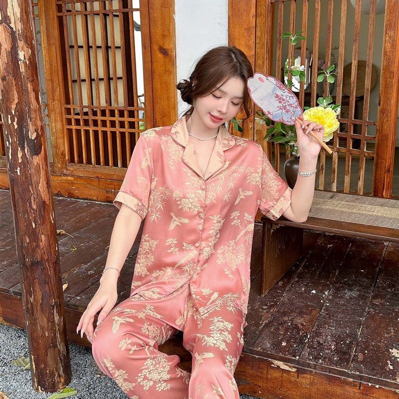 24年新款女士短袖竹林鸟阳离子软丝大码冰雪丝大码家居服睡衣套装